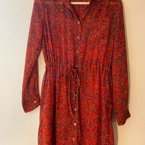 Jessica Simpson - Floral Red Button-Up Dress with Cinch Tie Waist